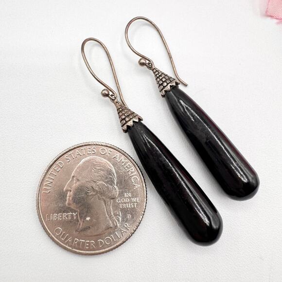 Vintage 925 CFJ THAI Sterling Silver Bali Style Black Dangle Earrings Ethnic - Picture 9 of 13